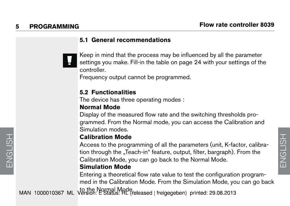 5 programming, 1 general recommendations, 2 functionalities | 1 general recommendations 5.2 functionalities, English | Burkert Type S039 User Manual | Page 18 / 112