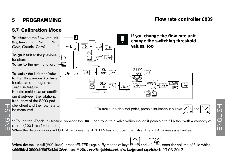 7 calibration mode, English, Flow rate controller 8039 | Programming . calibration mode, Min, m | Burkert Type S039 User Manual | Page 22 / 112