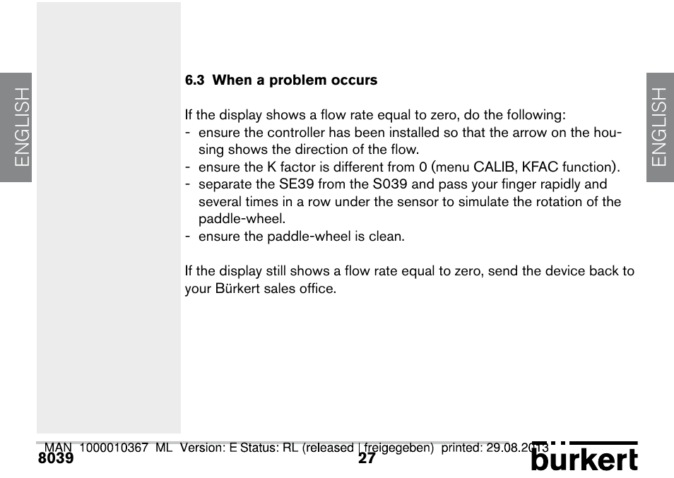 3 when a problem occurs, English | Burkert Type S039 User Manual | Page 27 / 112