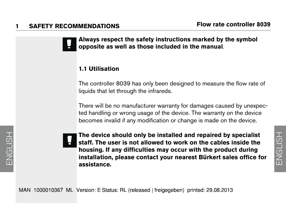 1 safety recommendations, 1 utilisation, English | Burkert Type S039 User Manual | Page 4 / 112