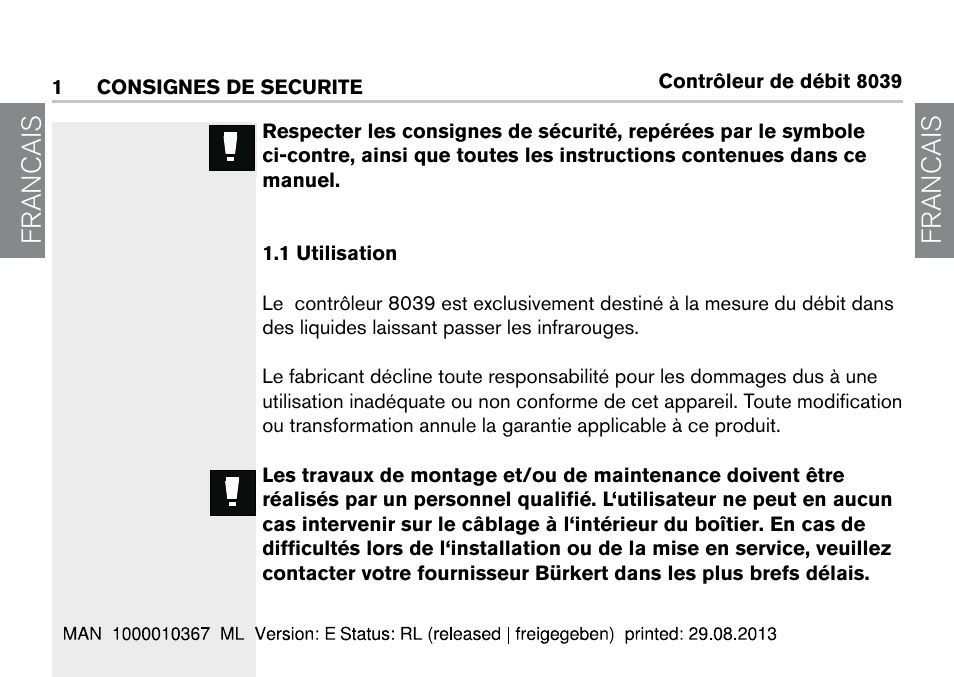 1 consignes de securite, 1 utilisation, Francais | Burkert Type S039 User Manual | Page 40 / 112