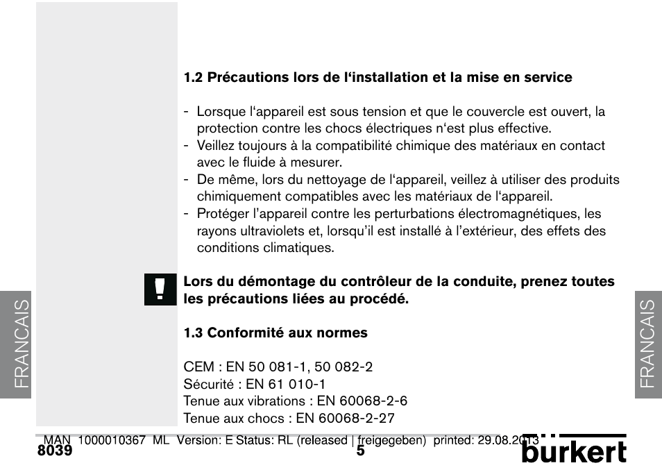 3 conformité aux normes, Francais | Burkert Type S039 User Manual | Page 41 / 112