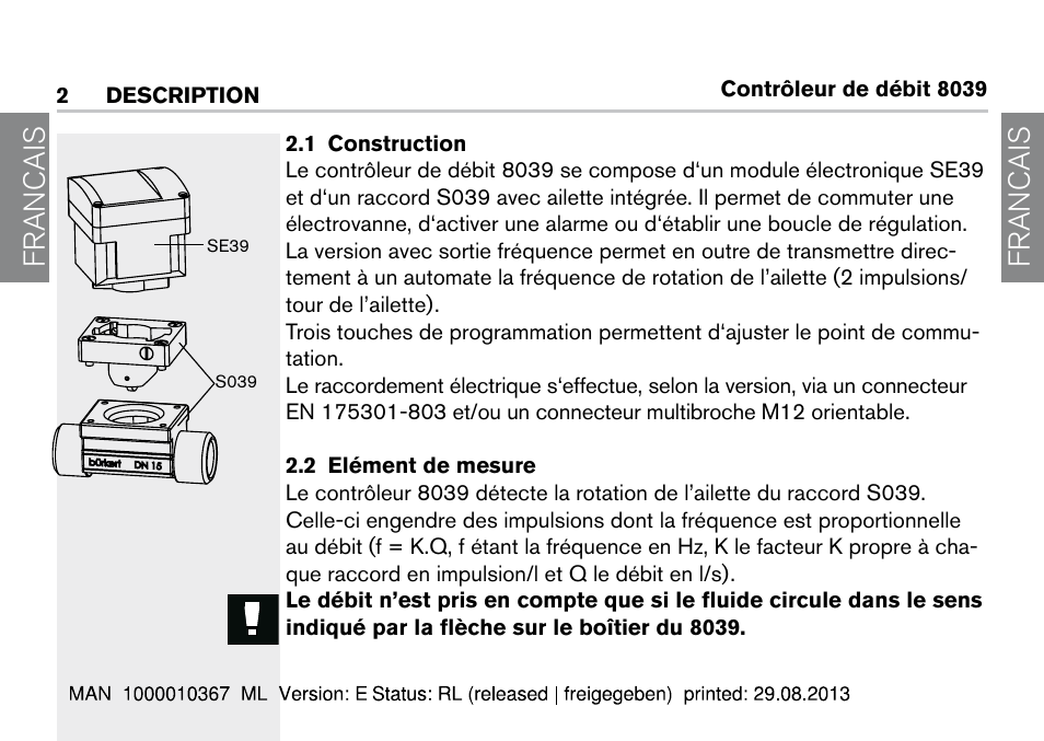 2 description, 1 construction, 2 elément de mesure | 1 construction 2.2 elément de mesure, Francais | Burkert Type S039 User Manual | Page 42 / 112