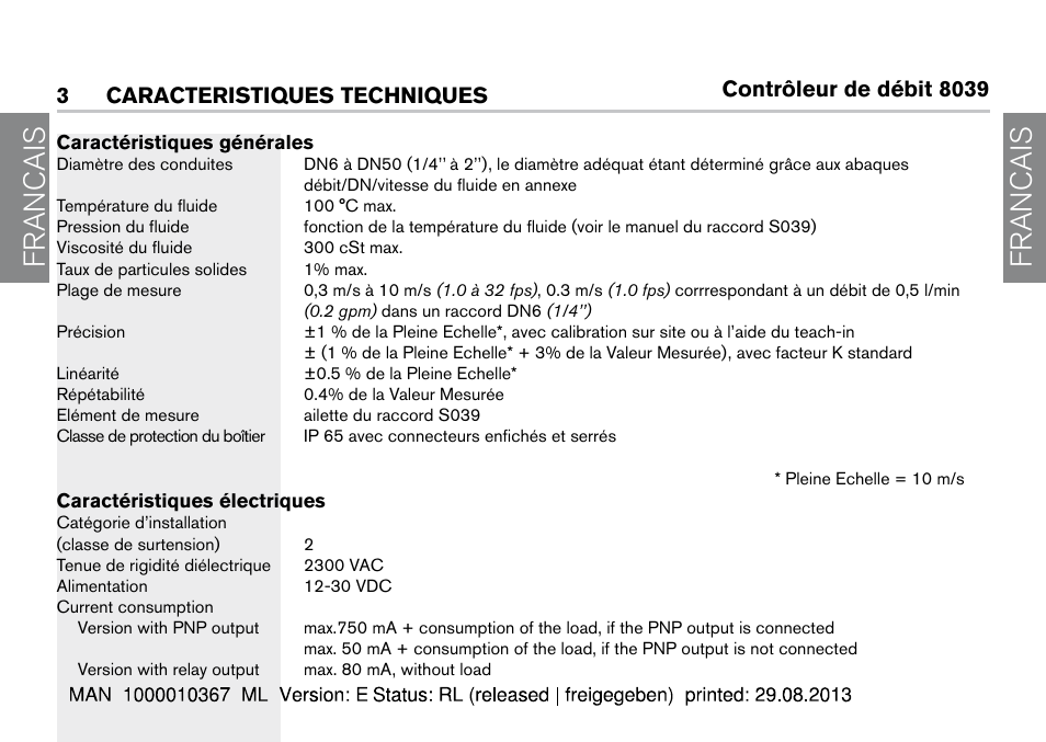 3 caracteristiques techniques, Francais | Burkert Type S039 User Manual | Page 44 / 112