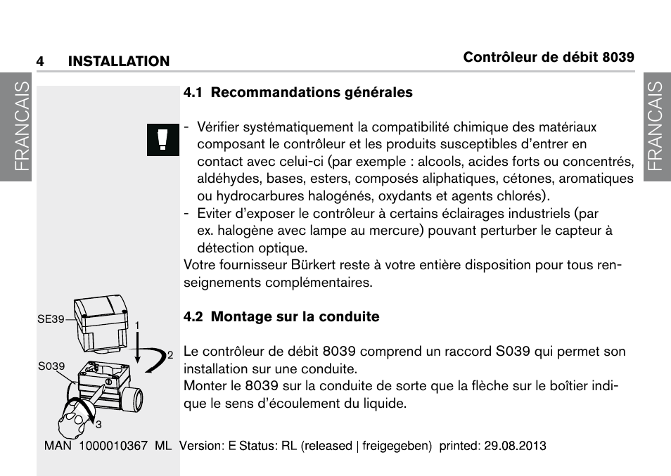 4 installation, 1 recommandations générales, 2 montage sur la conduite | Francais | Burkert Type S039 User Manual | Page 48 / 112