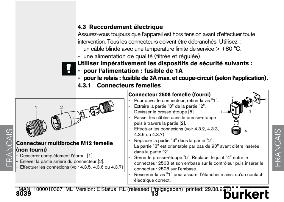 3 raccordement électrique, 1 connecteurs femelles, Francais | Burkert Type S039 User Manual | Page 49 / 112