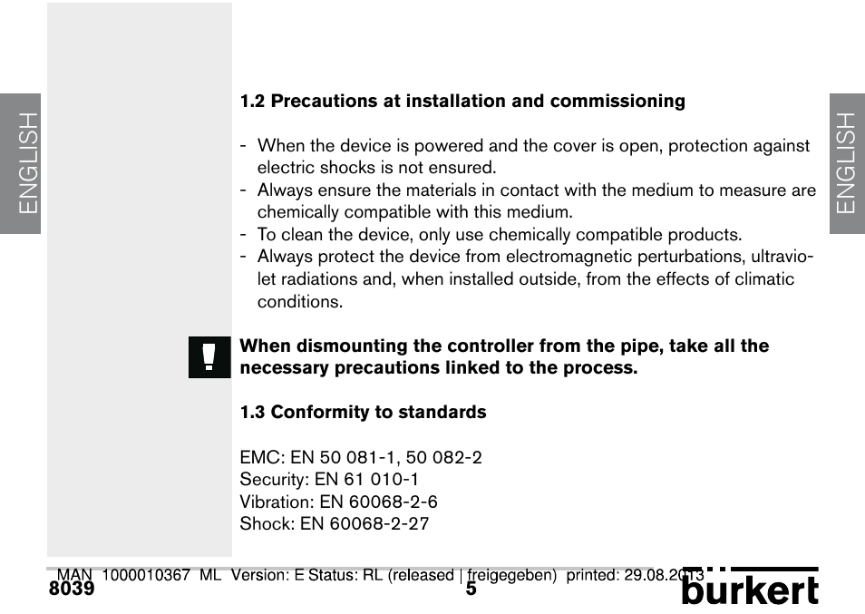 2 precautions at installation and commissioning, 3 conformity to standards, English | Burkert Type S039 User Manual | Page 5 / 112