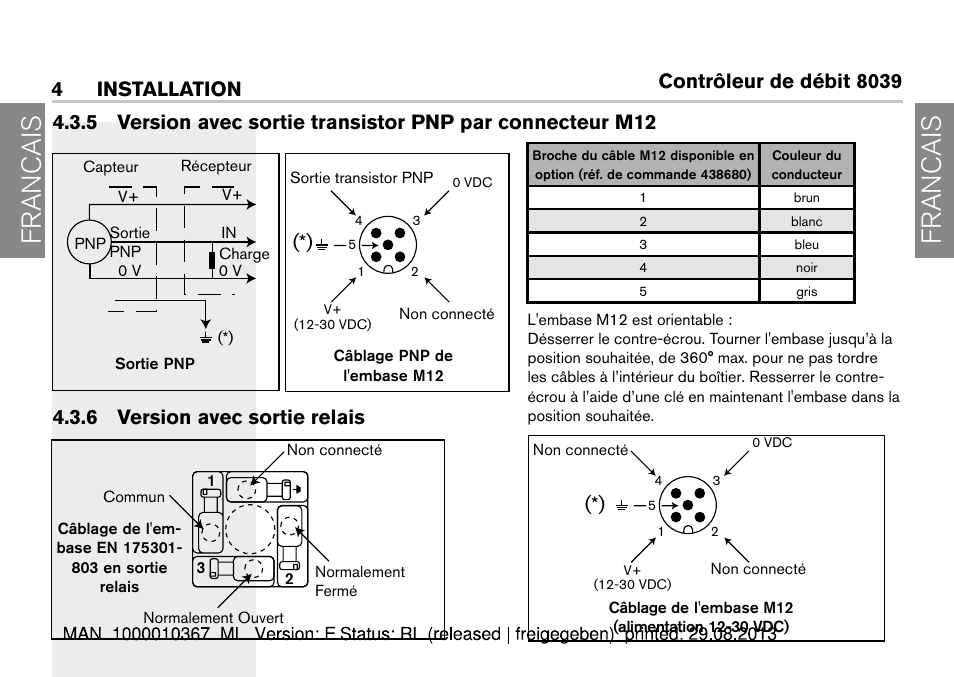 6 version avec sortie relais, Francais, Contrôleur de débit 8039 | 4 installation | Burkert Type S039 User Manual | Page 52 / 112