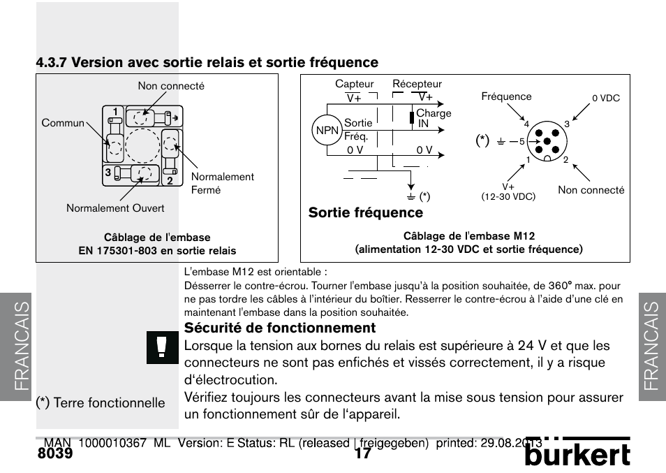 7 version avec sortie relais et sortie fréquence, Francais, Terre fonctionnelle sortie fréquence | Burkert Type S039 User Manual | Page 53 / 112