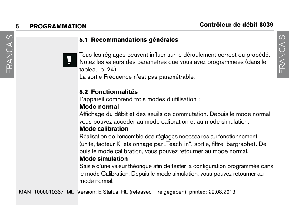 5 programmation, 1 recommandations générales, 2 fonctionnalités | 1 recommandations générales 5.2 fonctionnalités, Francais | Burkert Type S039 User Manual | Page 54 / 112