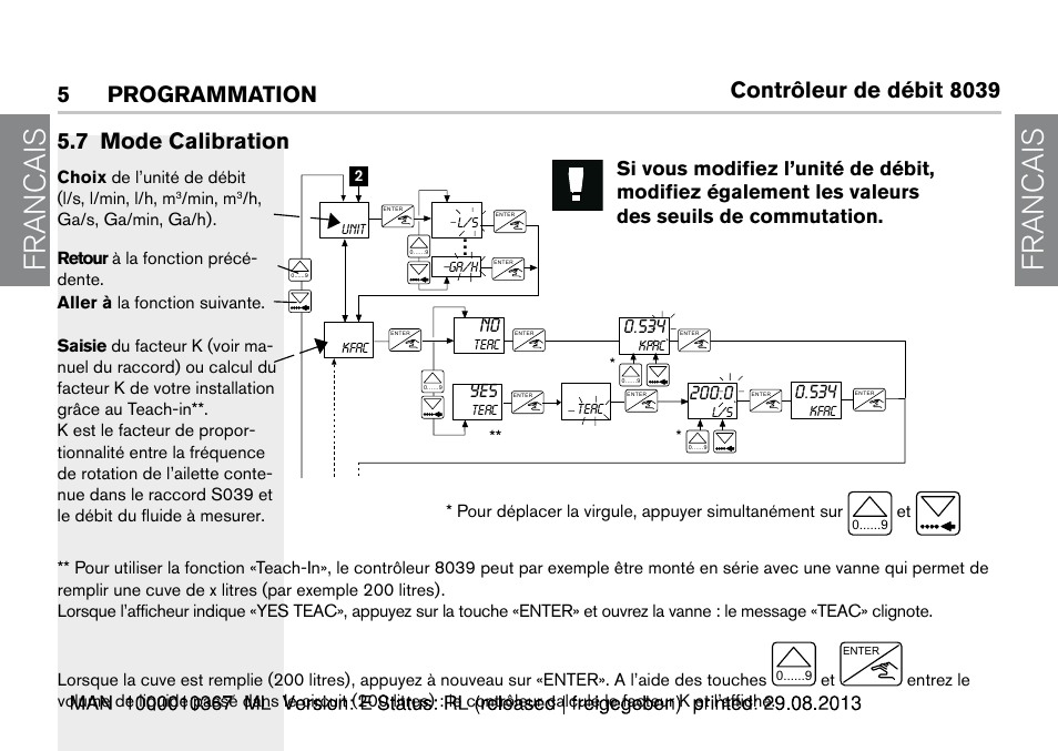 7 mode calibration, Francais, Contrôleur de débit 8039 | Programmation . mode calibration, Choix de l’unité de débit (l/s, l/min, l/h, m, Min, m | Burkert Type S039 User Manual | Page 58 / 112