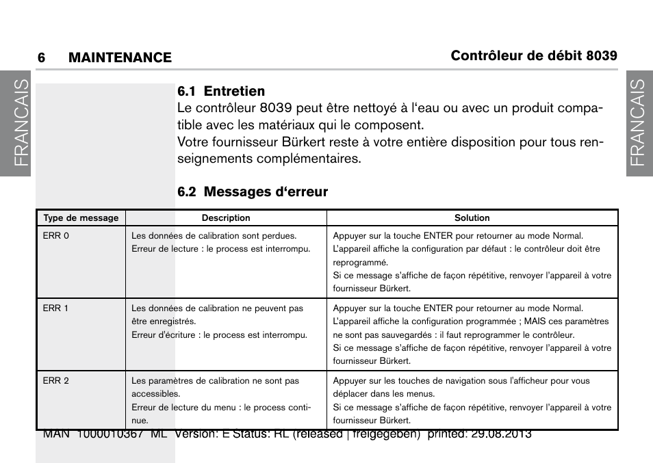 6 maintenance, 1 entretien, 2 messages d‘erreur | 1 entretien 6.2 messages d‘erreur, Francais | Burkert Type S039 User Manual | Page 62 / 112