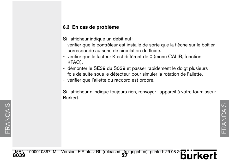 3 en cas de problème, Francais | Burkert Type S039 User Manual | Page 63 / 112