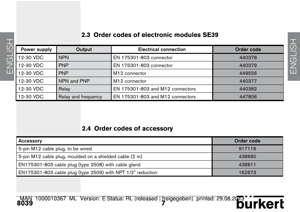3 order codes of electronic modules se39, 4 order codes of accessory, English | Burkert Type S039 User Manual | Page 7 / 112