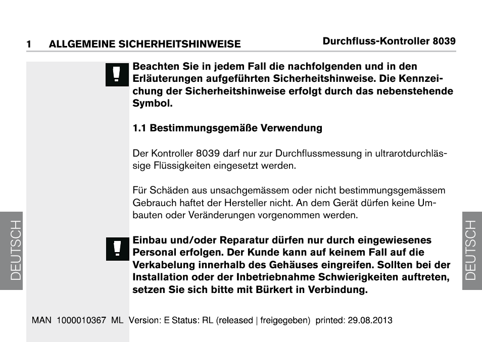 1 allgemeine sicherheitshinweise, 1 bestimmungsgemäße verwendung, De ut sch de ut sch | Burkert Type S039 User Manual | Page 76 / 112