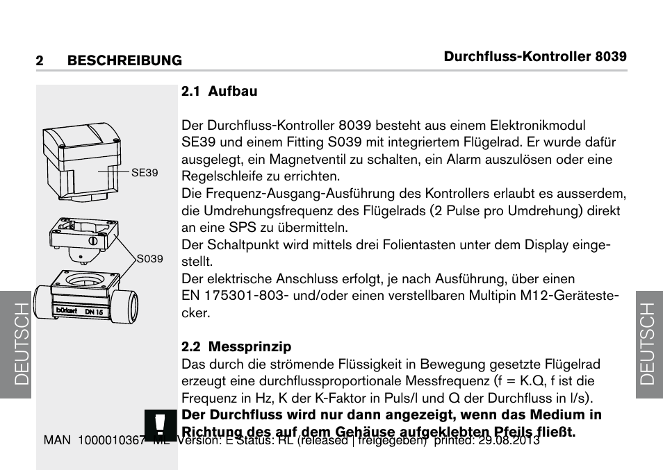 2 beschreibung, 1 aufbau, 2 messprinzip | 1 aufbau 2.2 messprinzip, De ut sch de ut sch | Burkert Type S039 User Manual | Page 78 / 112