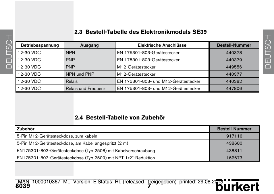 3 bestell-tabelle des elektronikmoduls se39, 4 bestell-tabelle von zubehör, De ut sch de ut sch | Burkert Type S039 User Manual | Page 79 / 112