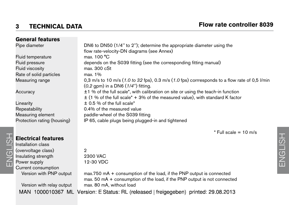 3 technical data, English | Burkert Type S039 User Manual | Page 8 / 112