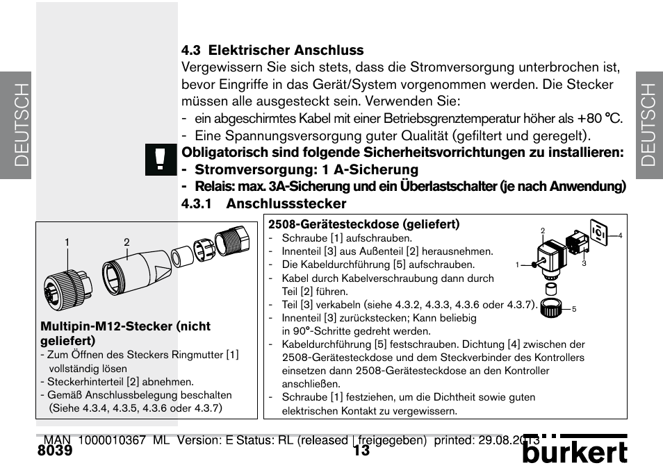 3 elektrischer anschluss, 1 anschlussstecker, De ut sch de ut sch | Burkert Type S039 User Manual | Page 85 / 112