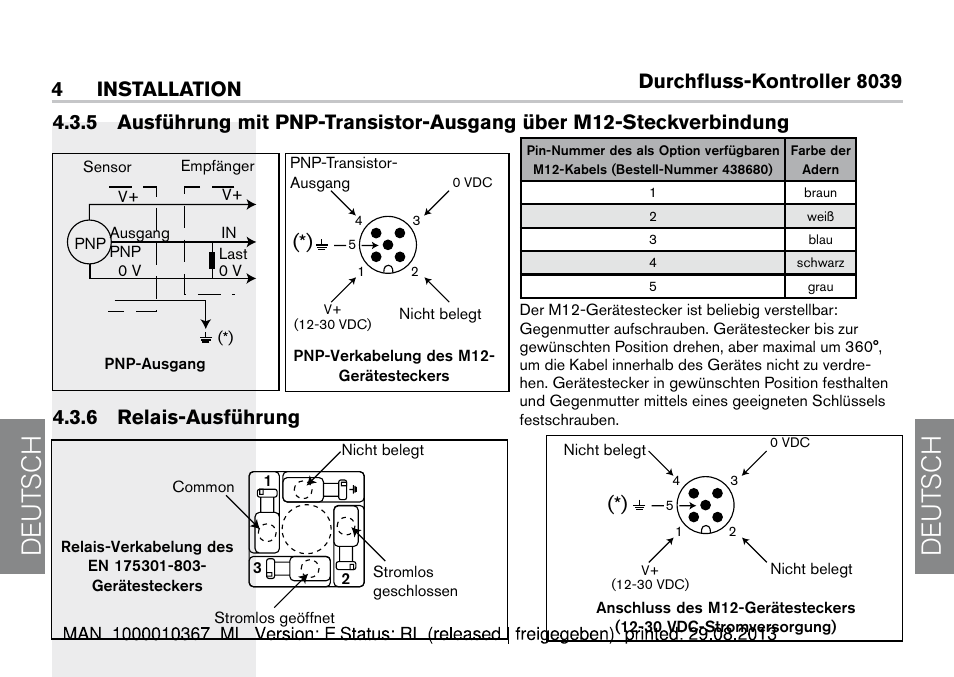 6 relais-ausführung, De ut sch de ut sch, Durchfluss-kontroller 8039 | 4 installation | Burkert Type S039 User Manual | Page 88 / 112