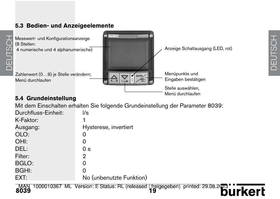 3 bedien- und anzeigeelemente, 4 grundeinstellung, 3 bedien- und anzeigeelemente 5.4 grundeinstellung | De ut sch de ut sch | Burkert Type S039 User Manual | Page 91 / 112