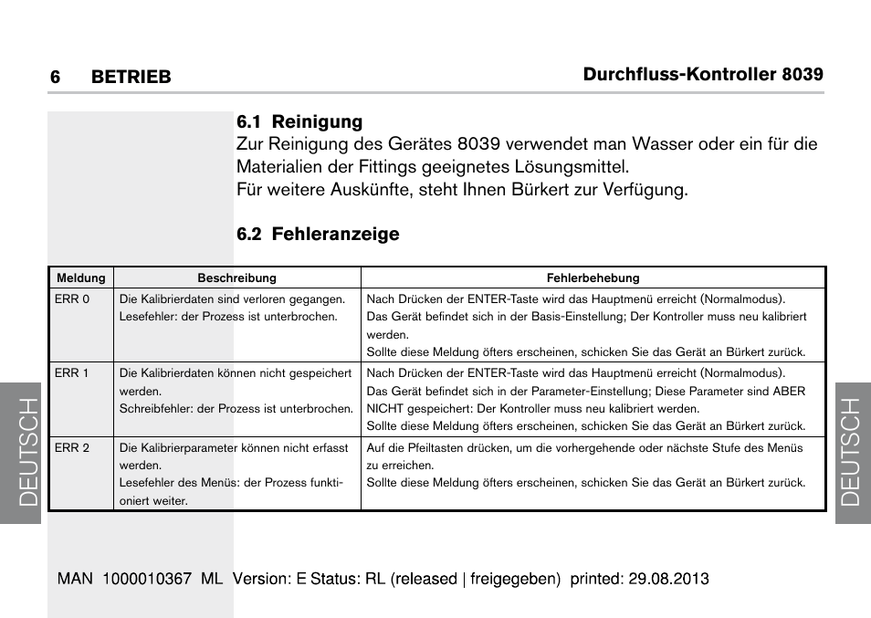 6 betrieb, 1 reinigung, 2 fehleranzeige | 1 reinigung 6.2 fehleranzeige, De ut sch de ut sch | Burkert Type S039 User Manual | Page 98 / 112