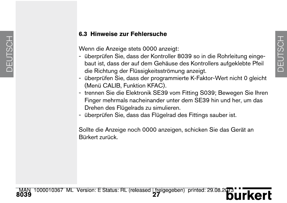 3 hinweise zur fehlersuche, De ut sch de ut sch | Burkert Type S039 User Manual | Page 99 / 112