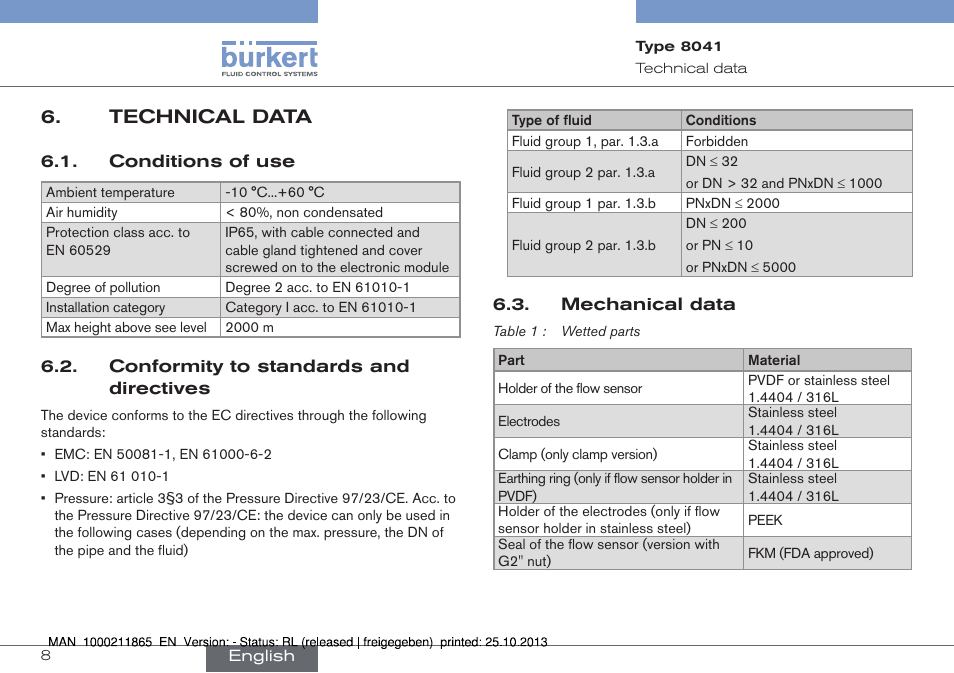 Technical data, Conditions of use, Conformity to standards and directives | Mechanical data | Burkert Type 8041 User Manual | Page 10 / 60