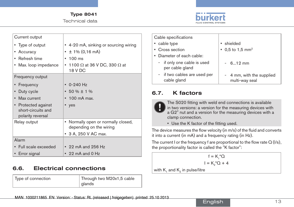 Electrical connections, K factors | Burkert Type 8041 User Manual | Page 15 / 60