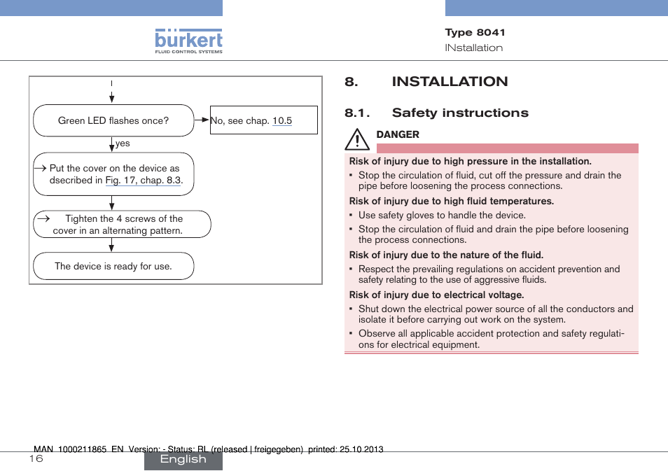 Installation, Safety instructions | Burkert Type 8041 User Manual | Page 18 / 60