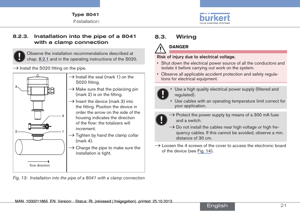 Installation into the pipe of a 8041 with a clamp, Connection, Wiring | Burkert Type 8041 User Manual | Page 23 / 60