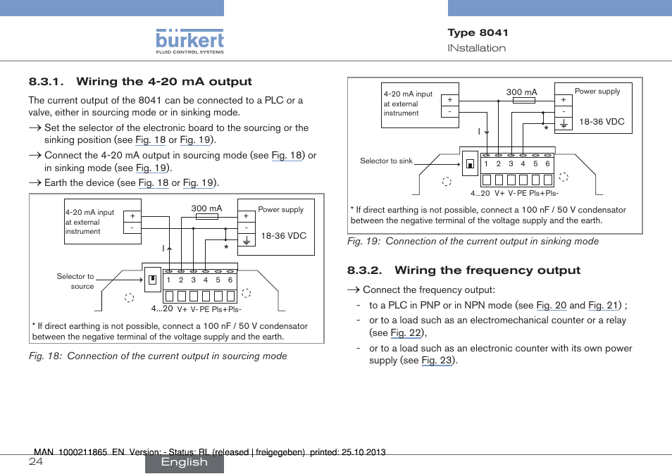 Wiring the 4-20 ma output, Wiring the frequency output | Burkert Type 8041 User Manual | Page 26 / 60