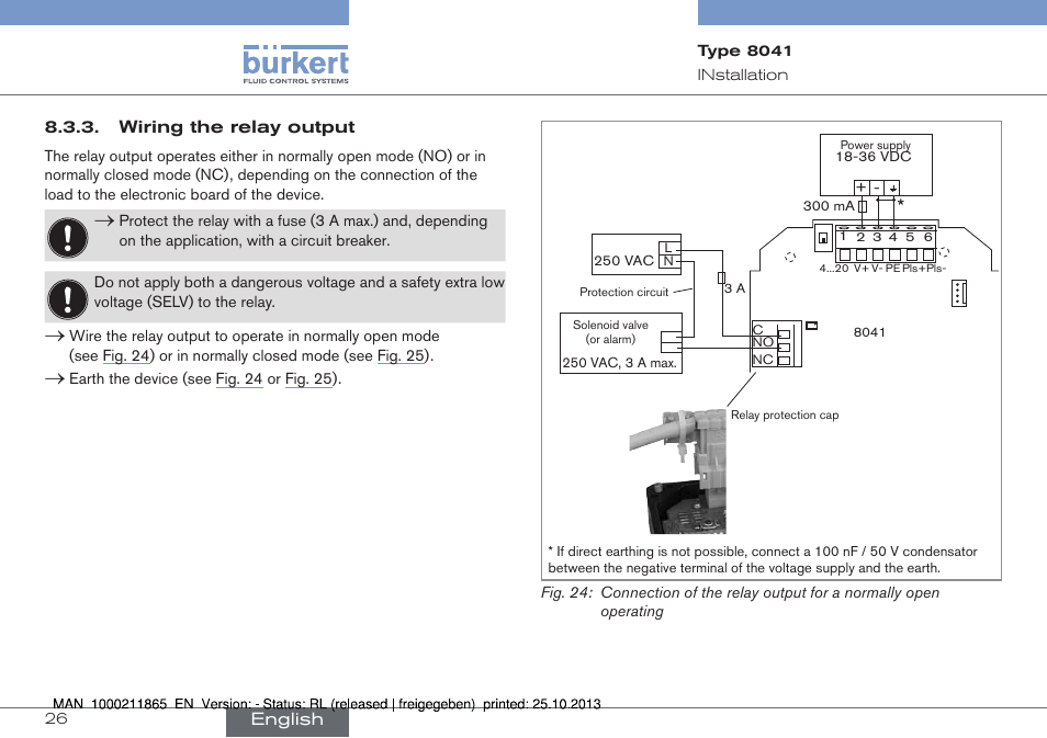 Wiring the relay output | Burkert Type 8041 User Manual | Page 28 / 60