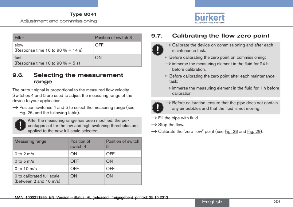 Selecting the measurement range, Calibrating the flow zero point | Burkert Type 8041 User Manual | Page 35 / 60