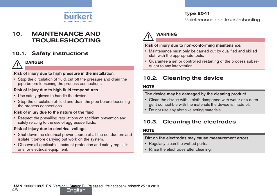 Maintenance and troubleshooting | Burkert Type 8041 User Manual | Page 50 / 60