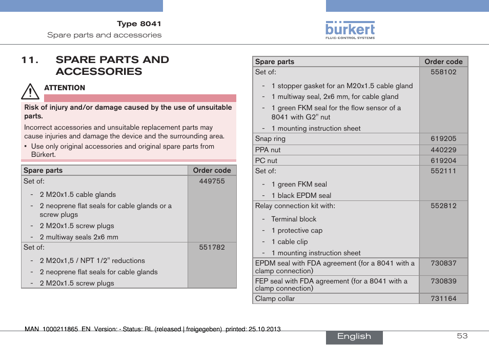 Spare parts and accessories | Burkert Type 8041 User Manual | Page 55 / 60