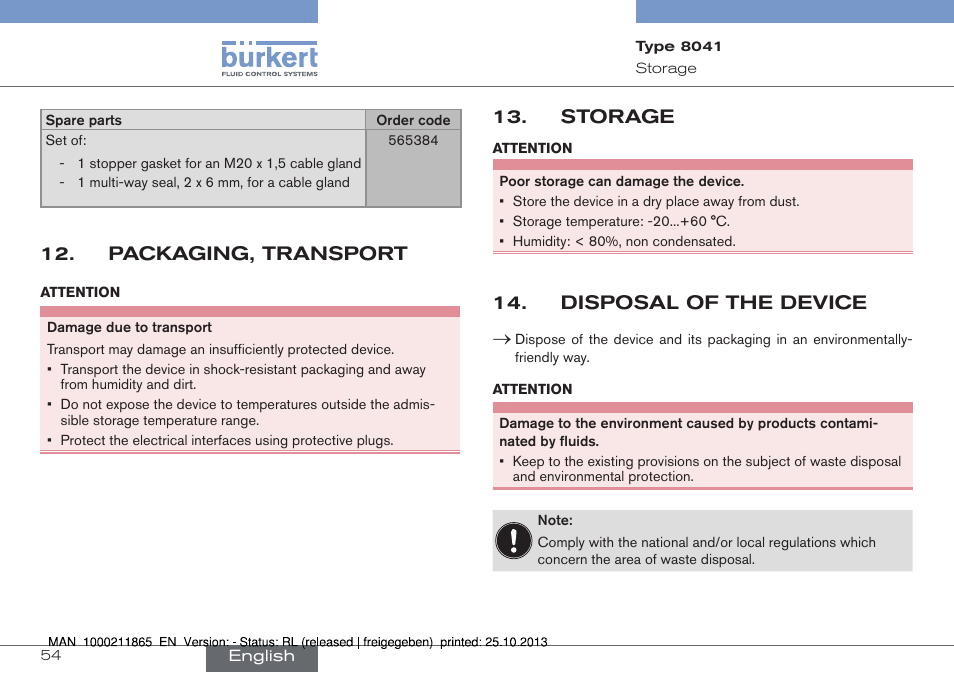 Packaging, transport, Storage, Disposal of the device | Burkert Type 8041 User Manual | Page 56 / 60