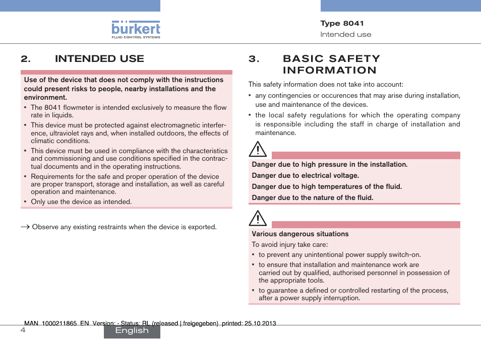 Intended use, Basic safety information | Burkert Type 8041 User Manual | Page 6 / 60