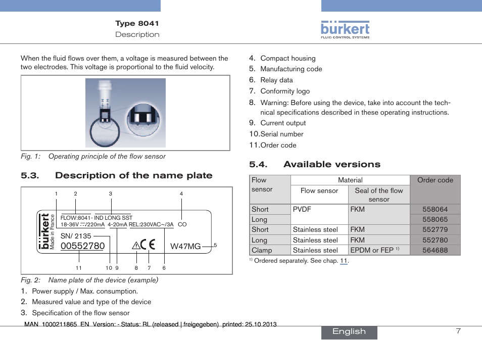 Description of the name plate, Available versions | Burkert Type 8041 User Manual | Page 9 / 60