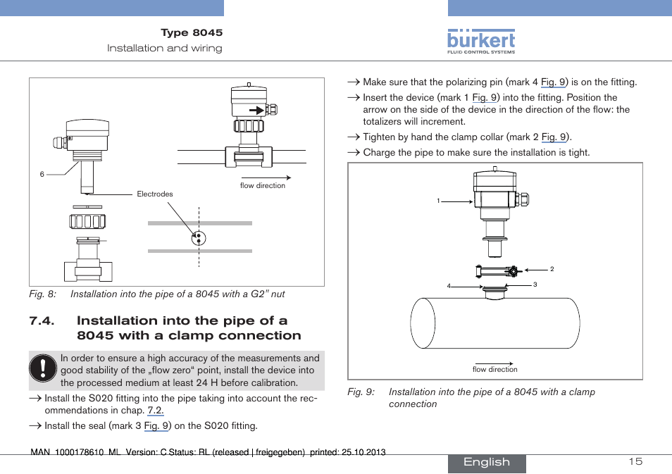 Fig. 8), Insert the nut (see mark 3, fig. 8) on the fitting, Insert the device (mark 1 fig. 8) into the fitting | Burkert Type 8045 User Manual | Page 15 / 98
