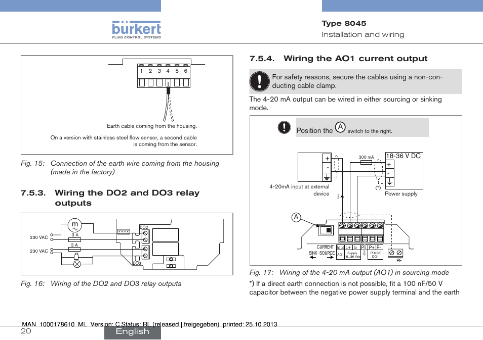 Wiring the do2 and do3 relay outputs, Wiring the ao1 current output, English | Burkert Type 8045 User Manual | Page 20 / 98