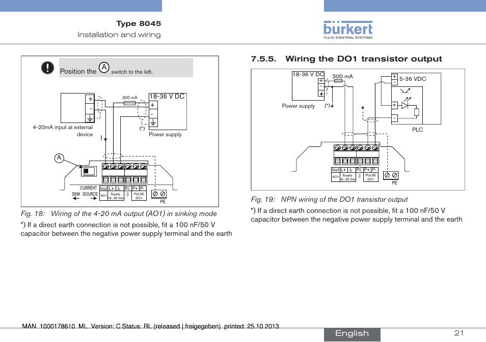 Wiring the do1 transistor output, English, Position the | Burkert Type 8045 User Manual | Page 21 / 98