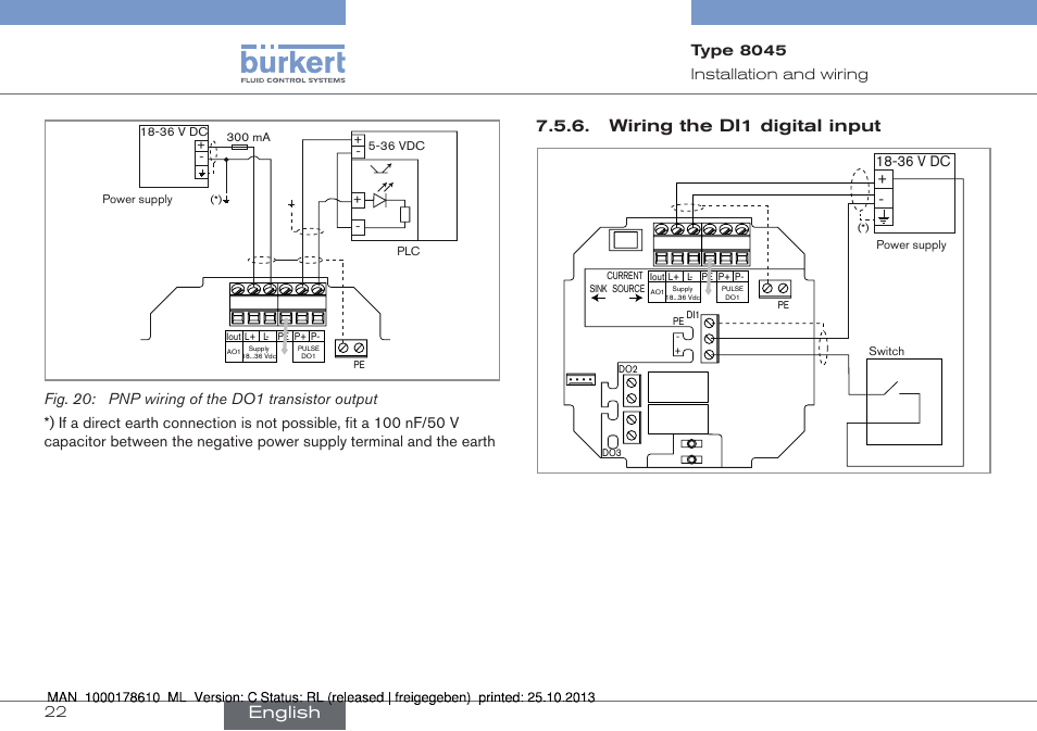 Wiring the di1 digital input, English | Burkert Type 8045 User Manual | Page 22 / 98