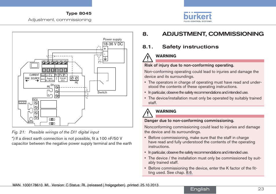 Adjustment, commissioning, Safety instructions, English | Burkert Type 8045 User Manual | Page 23 / 98