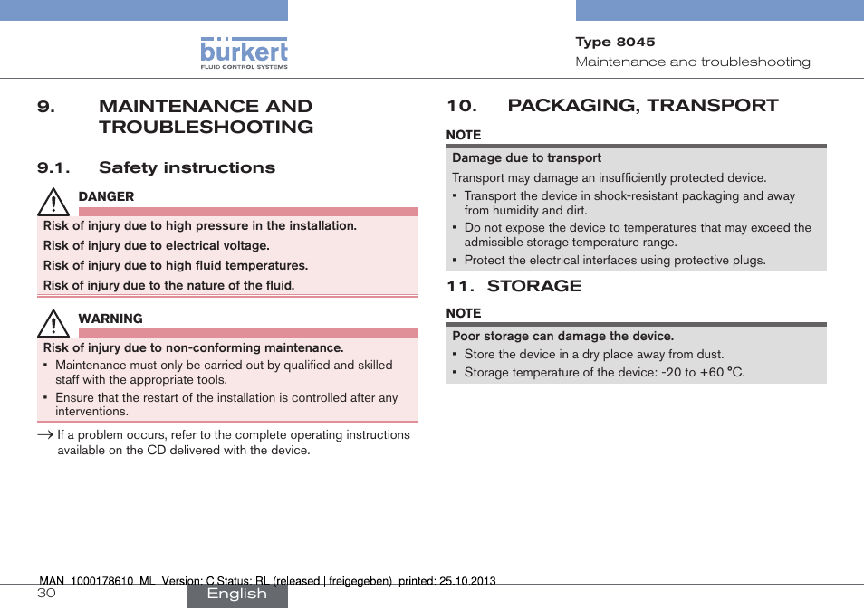 Maintenance and troubleshooting, Packaging, transport, Storage | Burkert Type 8045 User Manual | Page 30 / 98