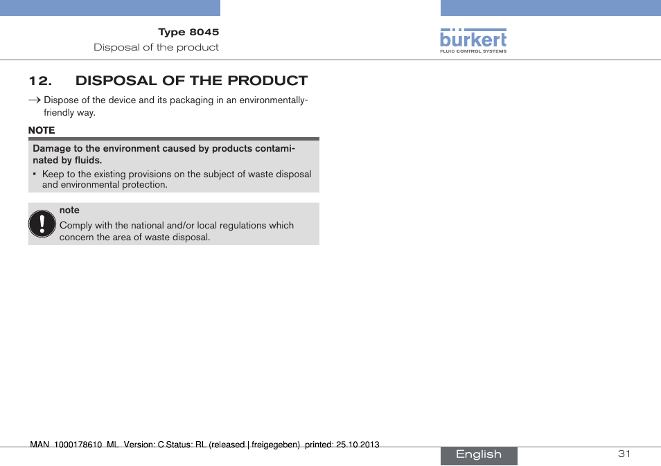 Disposal of the product | Burkert Type 8045 User Manual | Page 31 / 98