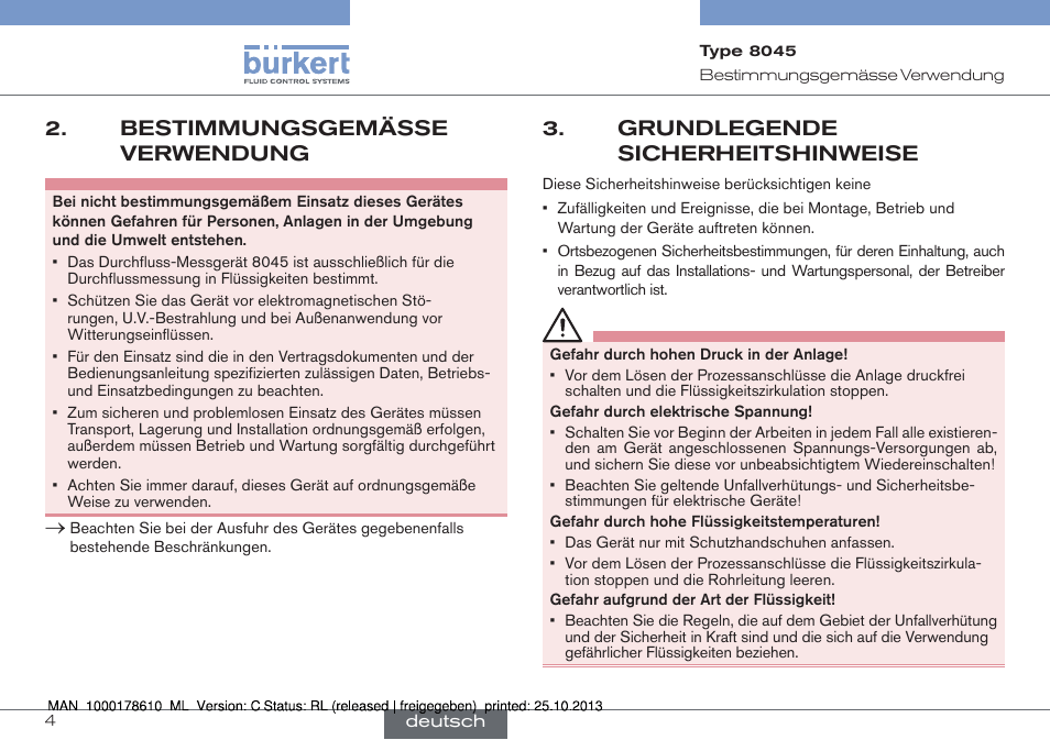 Bestimmungsgemässe verwendung, Grundlegende sicherheitshinweise | Burkert Type 8045 User Manual | Page 36 / 98