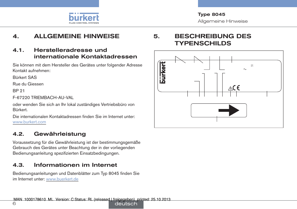 Allgemeine hinweise, Beschreibung des typenschilds, Flow | Burkert Type 8045 User Manual | Page 38 / 98