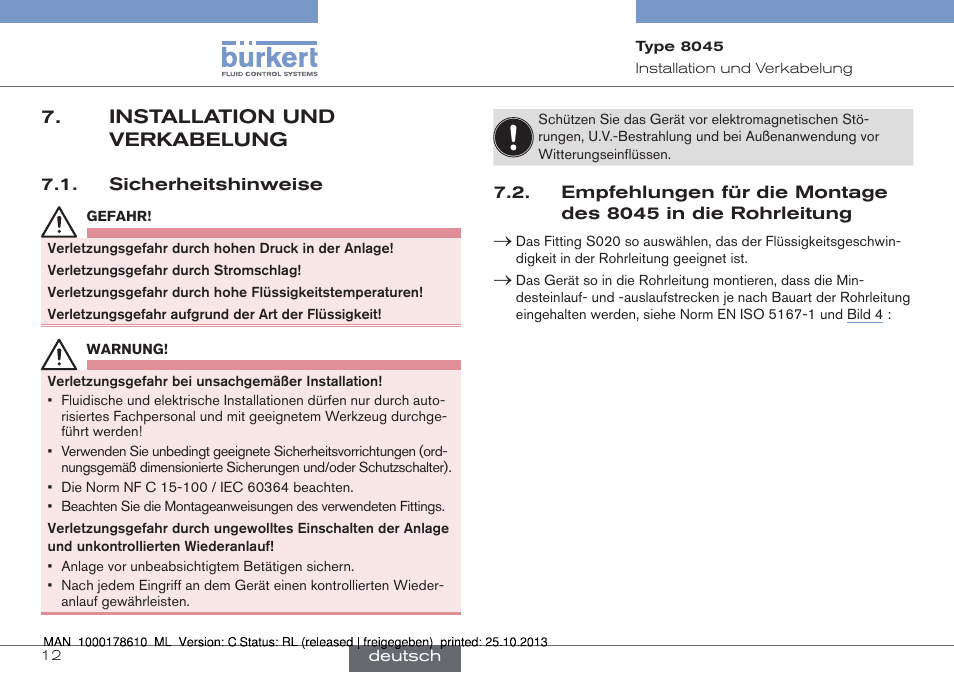 Installation und verkabelung | Burkert Type 8045 User Manual | Page 44 / 98