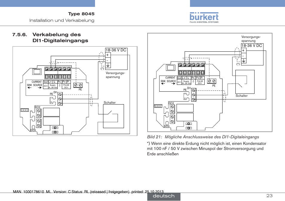 Verkabelung des di1-digitaleingangs, Deutsch | Burkert Type 8045 User Manual | Page 55 / 98